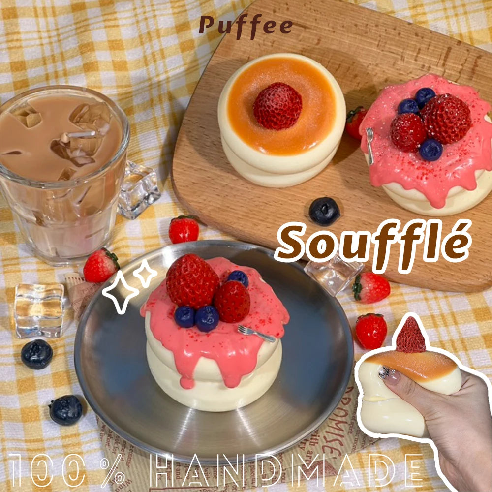 Strawberry Soufflé Food-grade Silicone Squishy Toy, Handmade Souffle Squishy, Creamy Soft Adhesive Squeeze Toy, Sweet Pancake