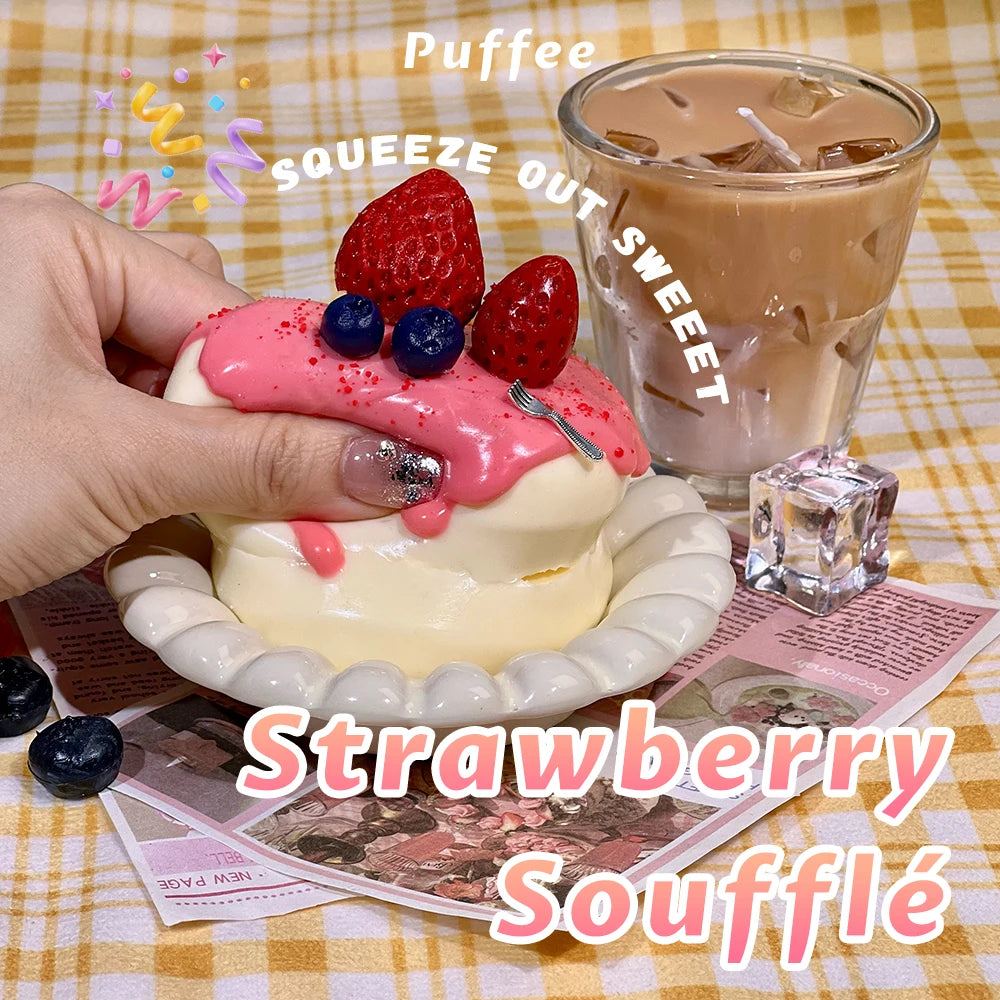 Strawberry Soufflé Food-grade Silicone Squishy Toy, Handmade Souffle Squishy, Creamy Soft Adhesive Squeeze Toy, Sweet Pancake